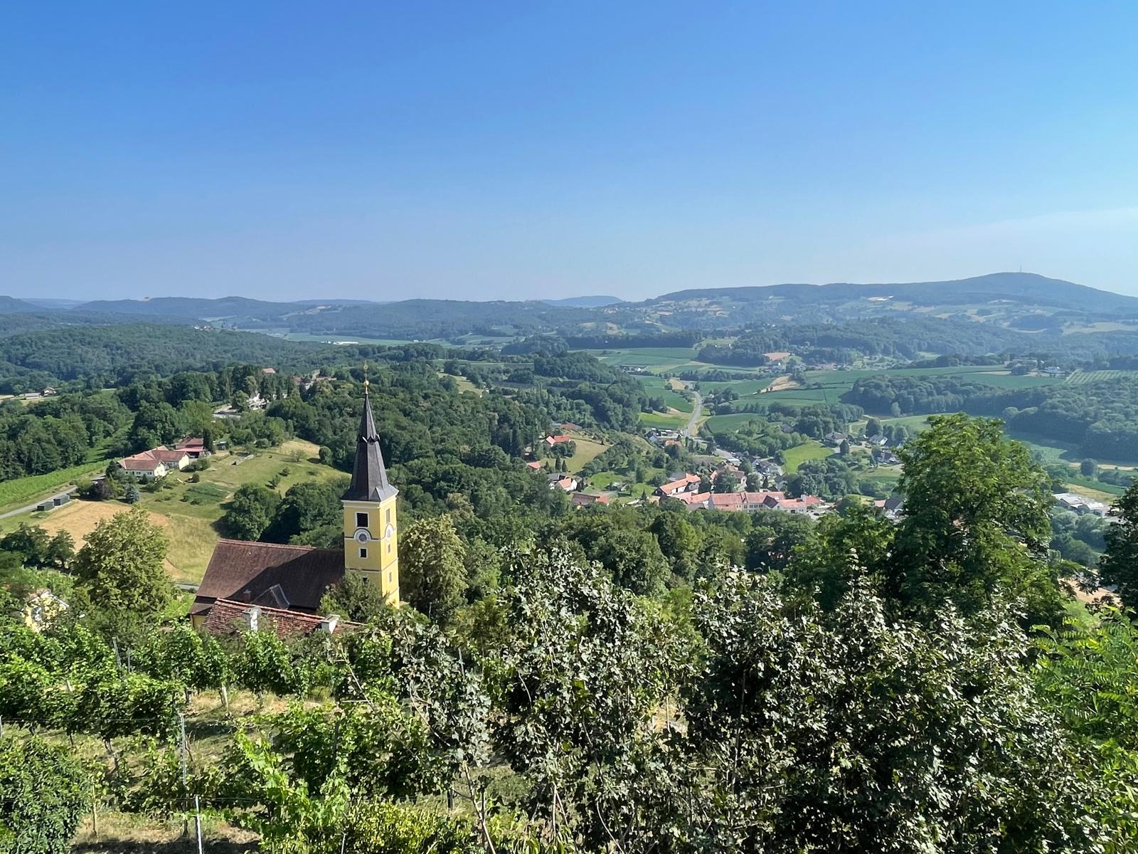 Sanfte Hügellandschaft des steirischen Vulkanlands im Morgennebel