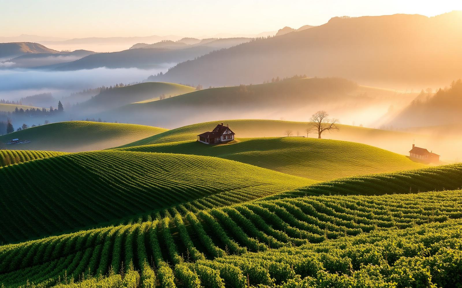 Sanfte Hügellandschaft des steirischen Vulkanlands im Morgennebel